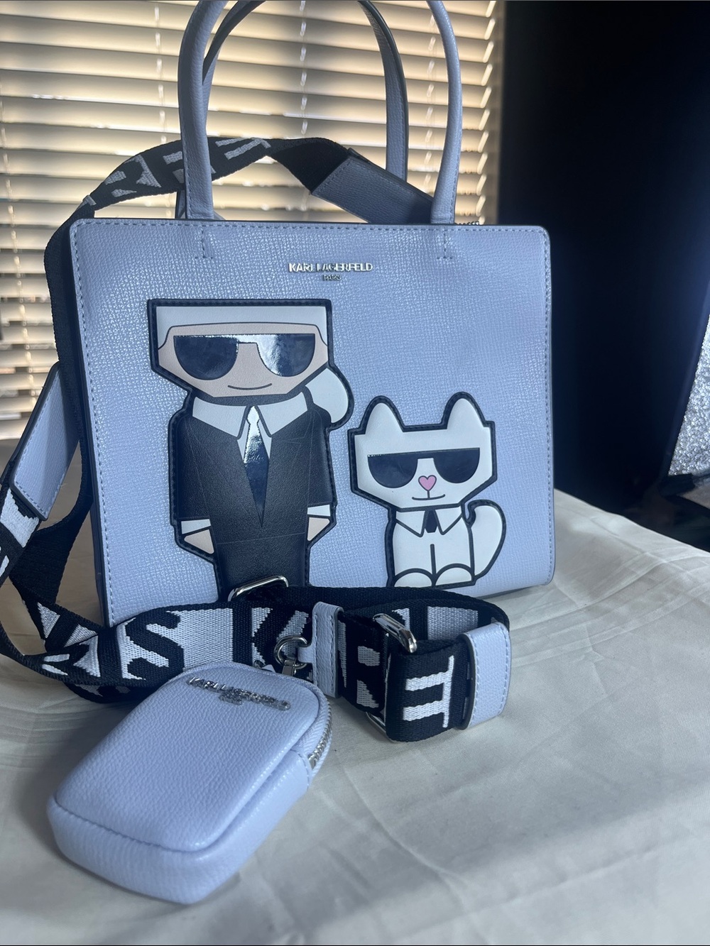 Karl Lagerfeld Light Blie Tote with Black & White Cartoon Appliqués - NWOT - Picture 3 of 7